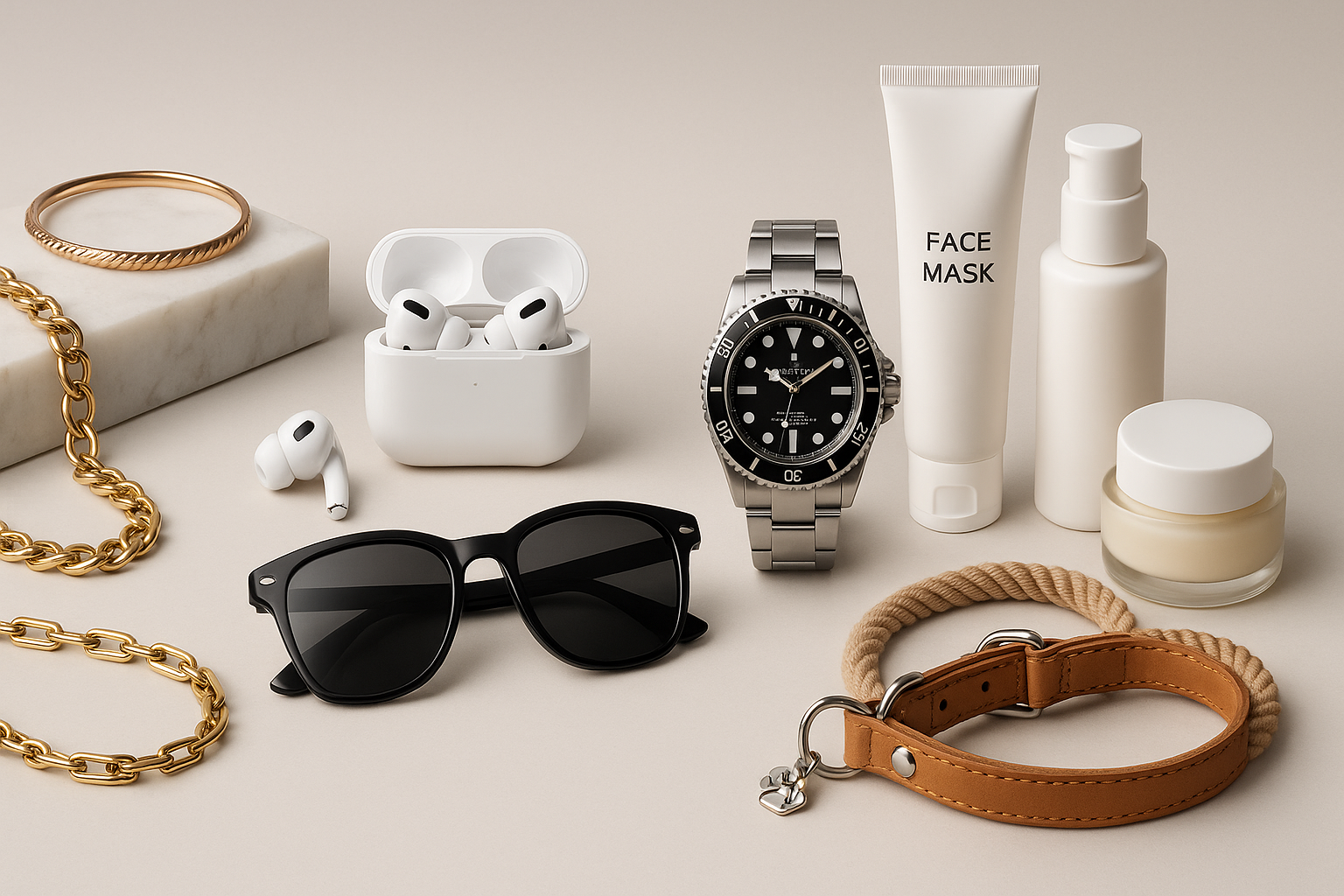 Imagen de portada de una tienda online  productos :  visuteria pulseras cadenas ,electronica : audifinos inalambricos lentes   relojes  , productos  de belleza  mascarillas, productos de mascotas